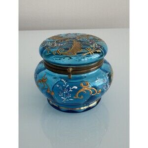 Antique Moser Bohemian Blue Glass Trinket Box Gilt Enamel Floral Hinged Lid